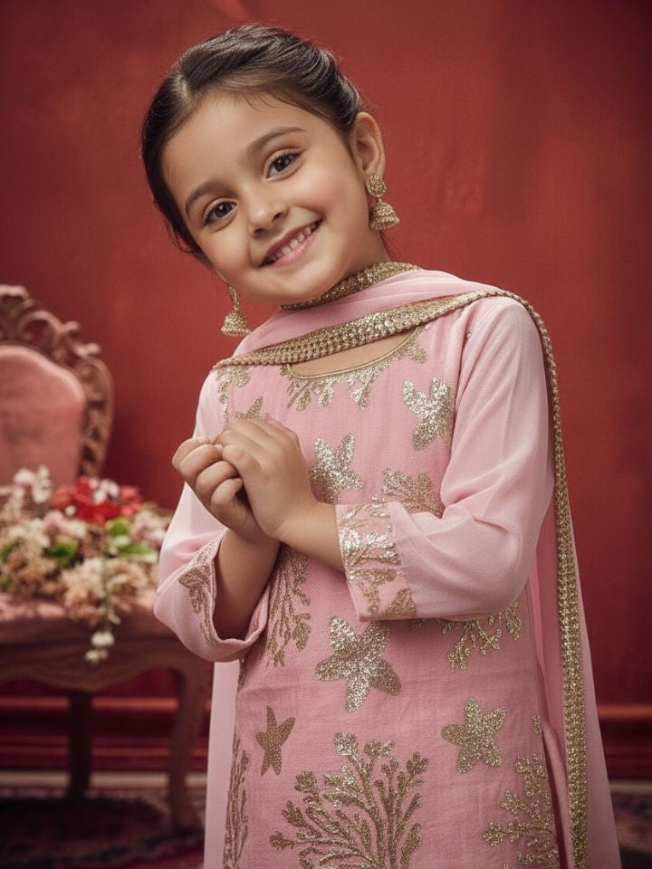 Girls Light Pink Cotton Salwar Kurti with Dupatta (Set of 3)