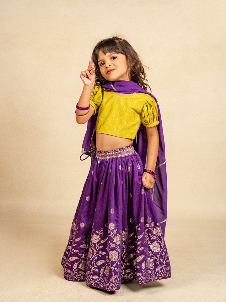 Girls Mehendi Colour Puff Sleeve Top and Purple Lehenga with Dupatta (Set of 3)