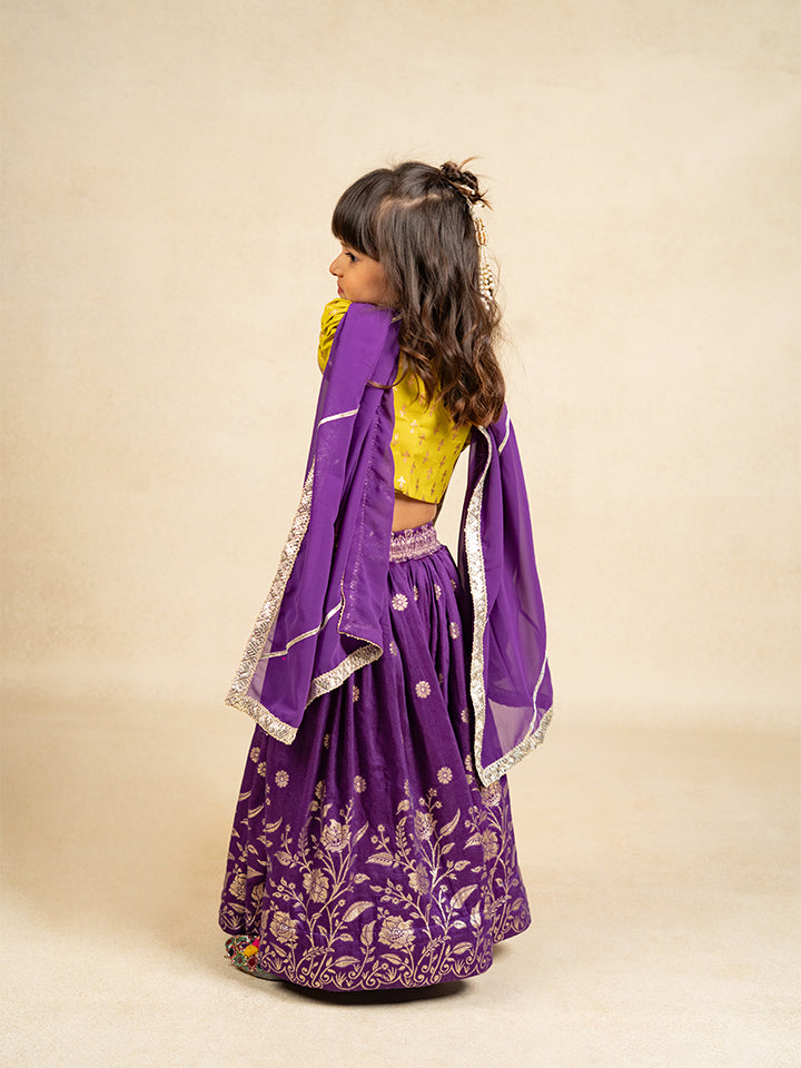 Girls Mehendi Colour Puff Sleeve Top and Purple Lehenga with Dupatta (Set of 3)