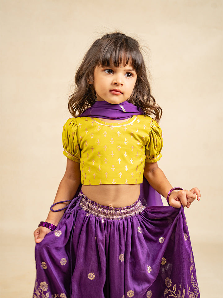 Girls Mehendi Colour Puff Sleeve Top and Purple Lehenga with Dupatta (Set of 3)