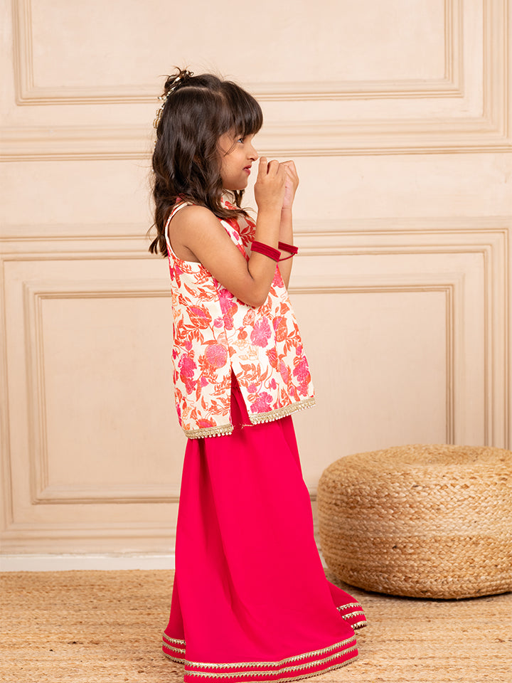 Girls Moonga Floral Digtal Printed Sleeveless Top with Pink  Sharara (Set of 2)