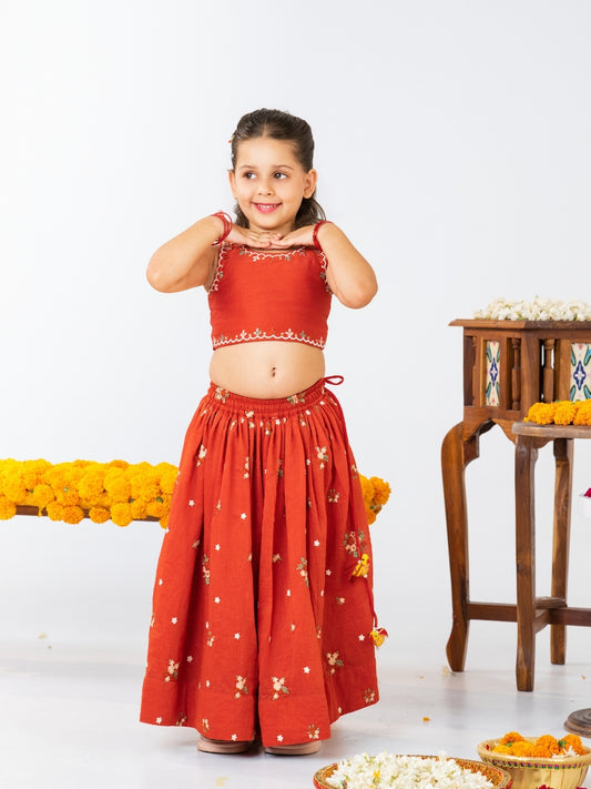 Girls Rust Orange Embroidered Top with Lehenga Set (Set of 2)