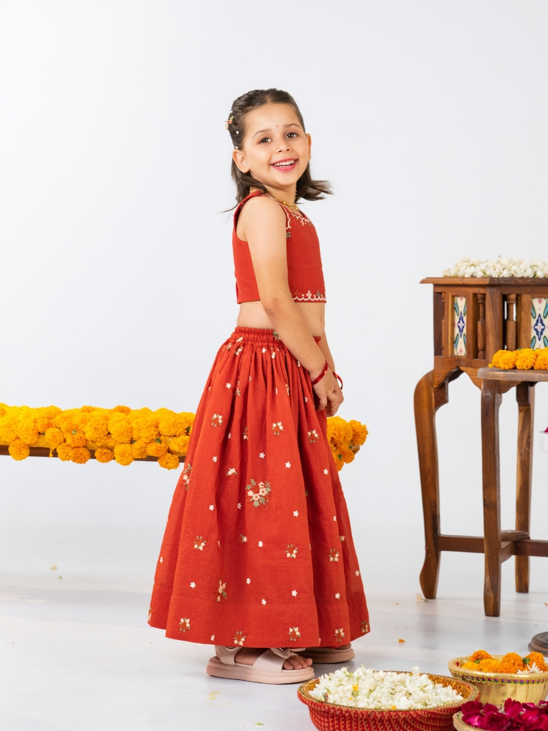Girls Rust Orange Embroidered Top with Lehenga Set (Set of 2)