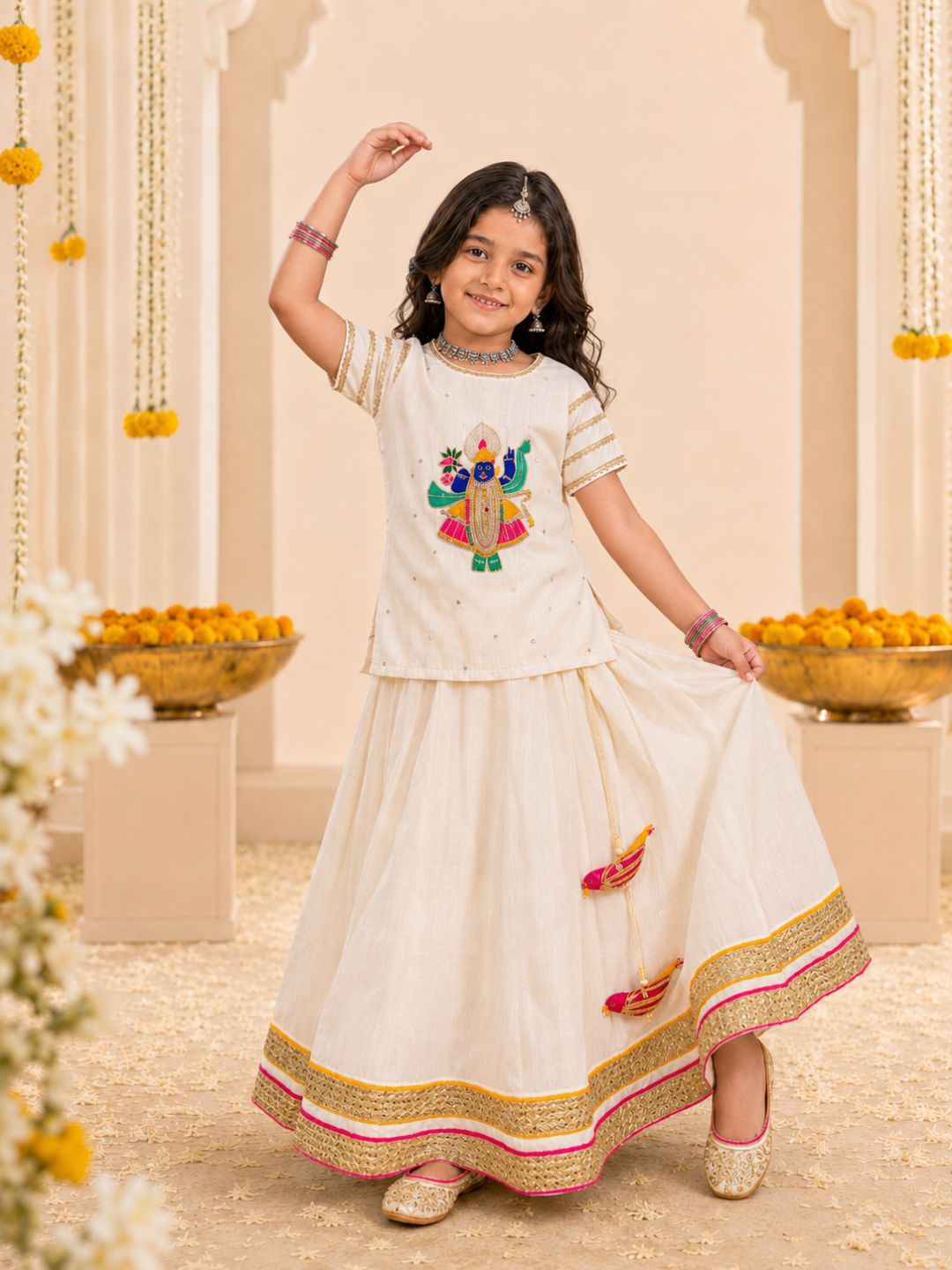 Girls Off-White Shreenathji Embroidered Top & Lehenga Set (Set of 2)