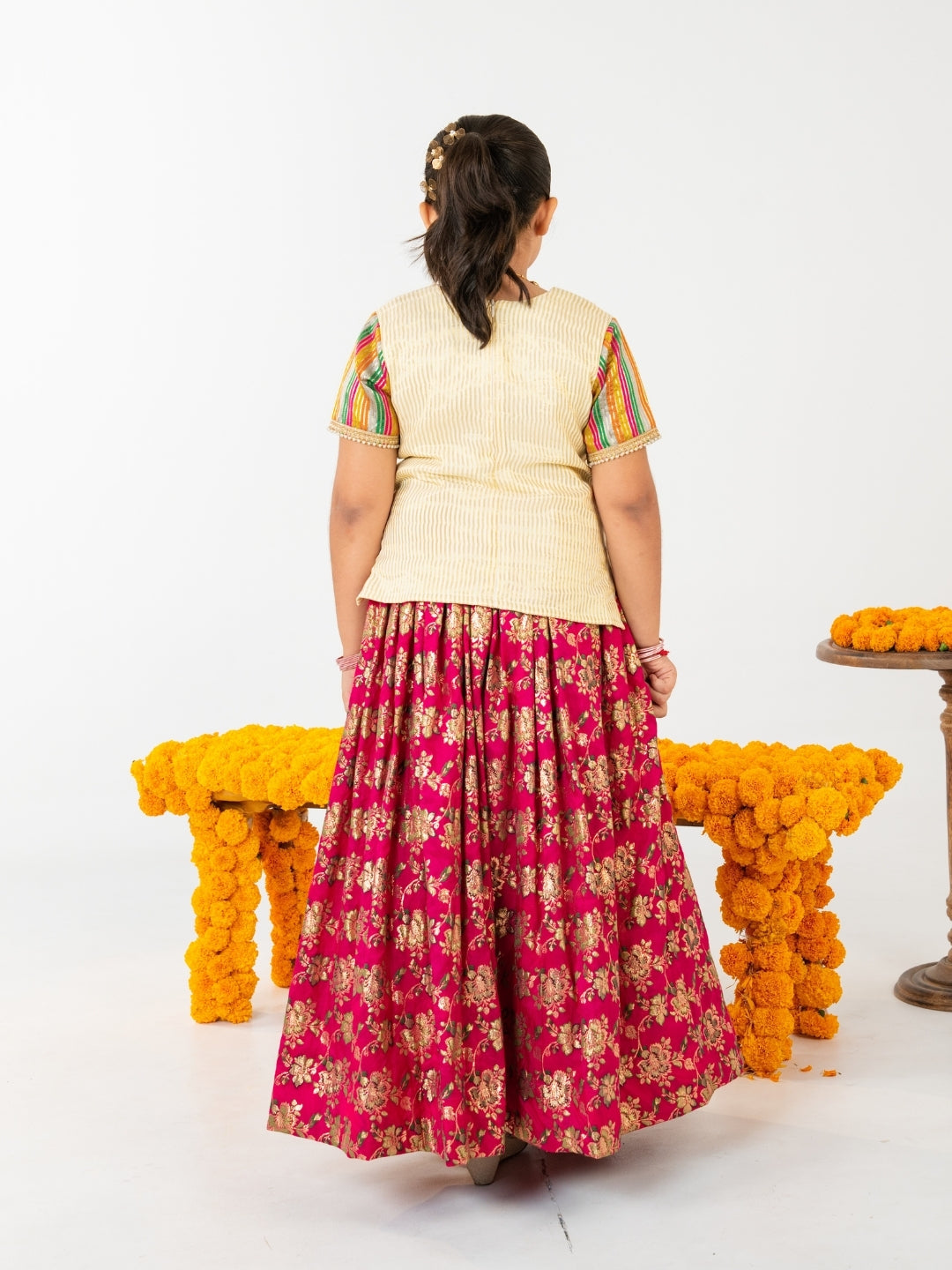 Girls Off White Top with Rani Pink Banarasi Lehenga Set (Set of 2)