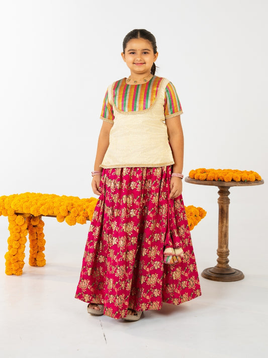 Girls Off White Top with Rani Pink Banarasi Lehenga Set (Set of 2)