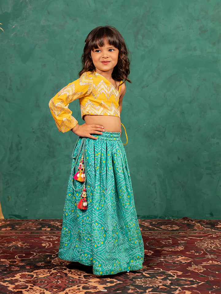 Girls One Shoulder Yellow Top with Bandhni Mirror Work Lehenga (Set of 2)