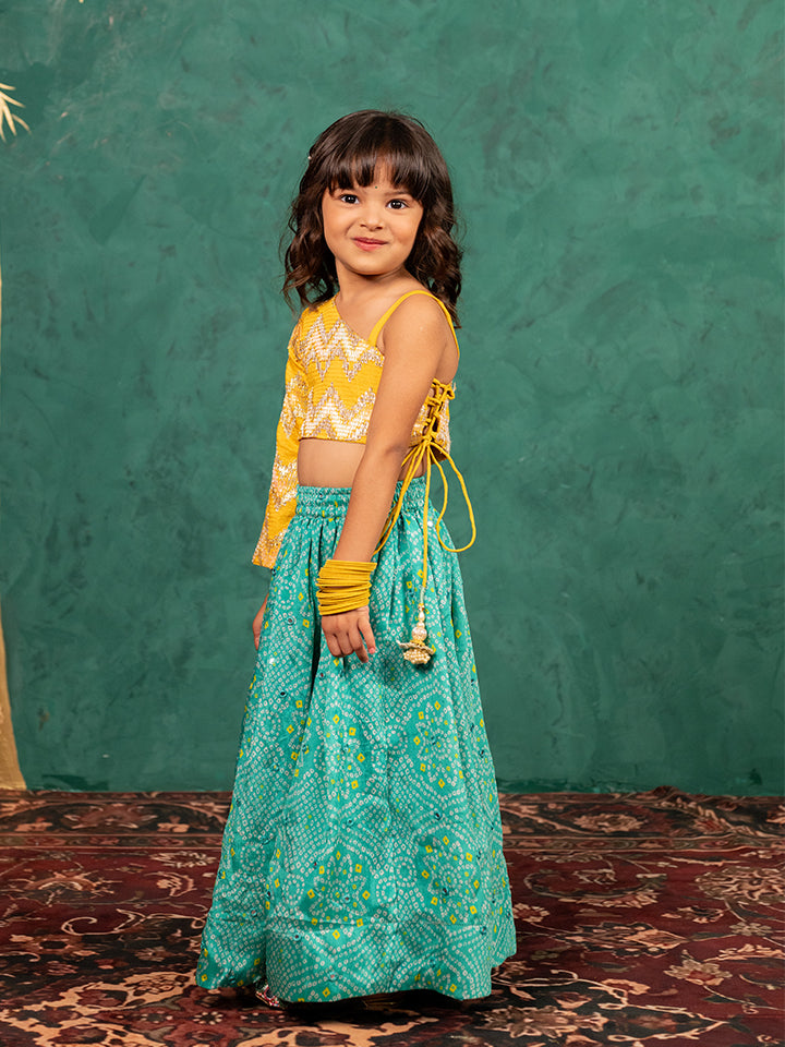 Girls One Shoulder Yellow Top with Bandhni Mirror Work Lehenga (Set of 2)