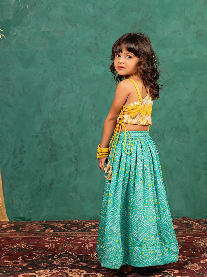 Girls One Shoulder Yellow Top with Bandhni Mirror Work Lehenga (Set of 2)