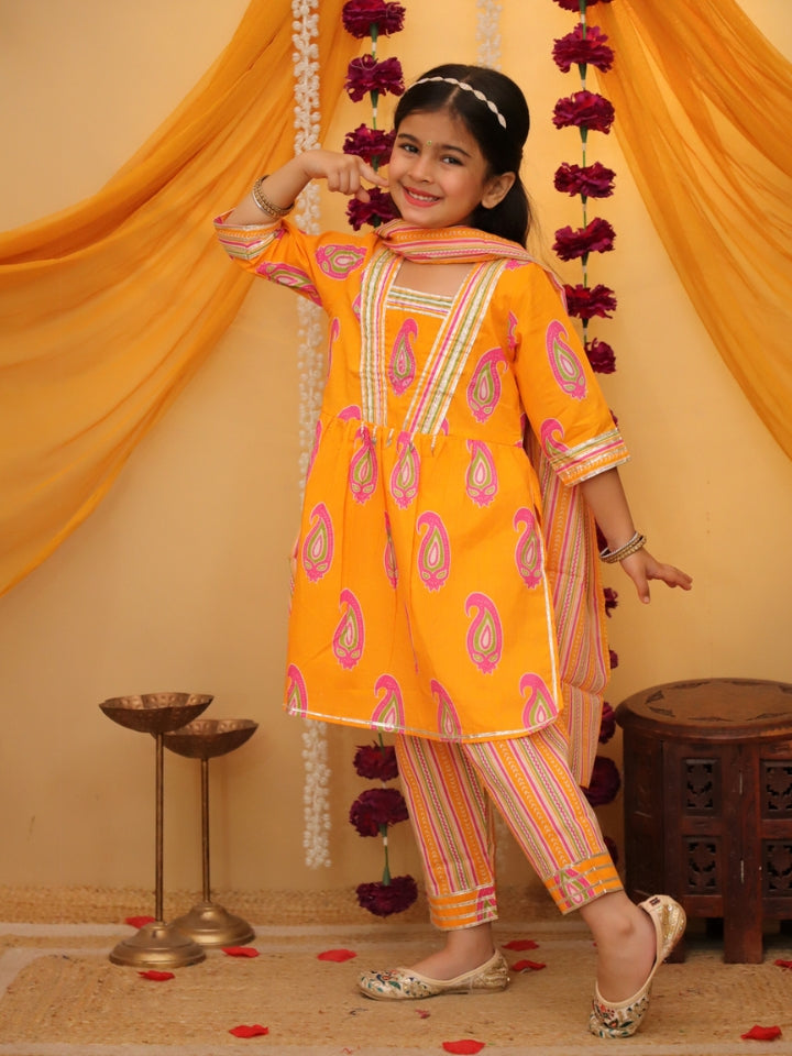 Girls Orange Hand Embroidered Cotton Kurti with Pant and Dupatta
