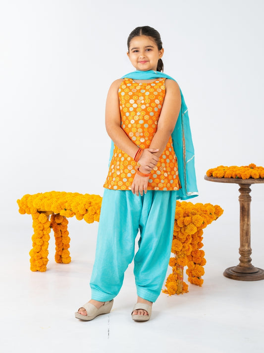 Girls Orange and Sky Blue Salwar Suit Set (Set of 3)