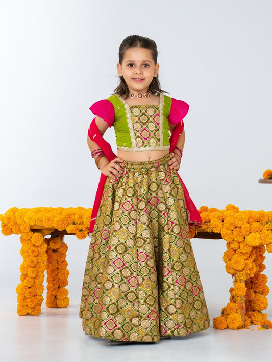 Girls Pink Blouse with Gold Brocade Lehenga Set (Set of 3)