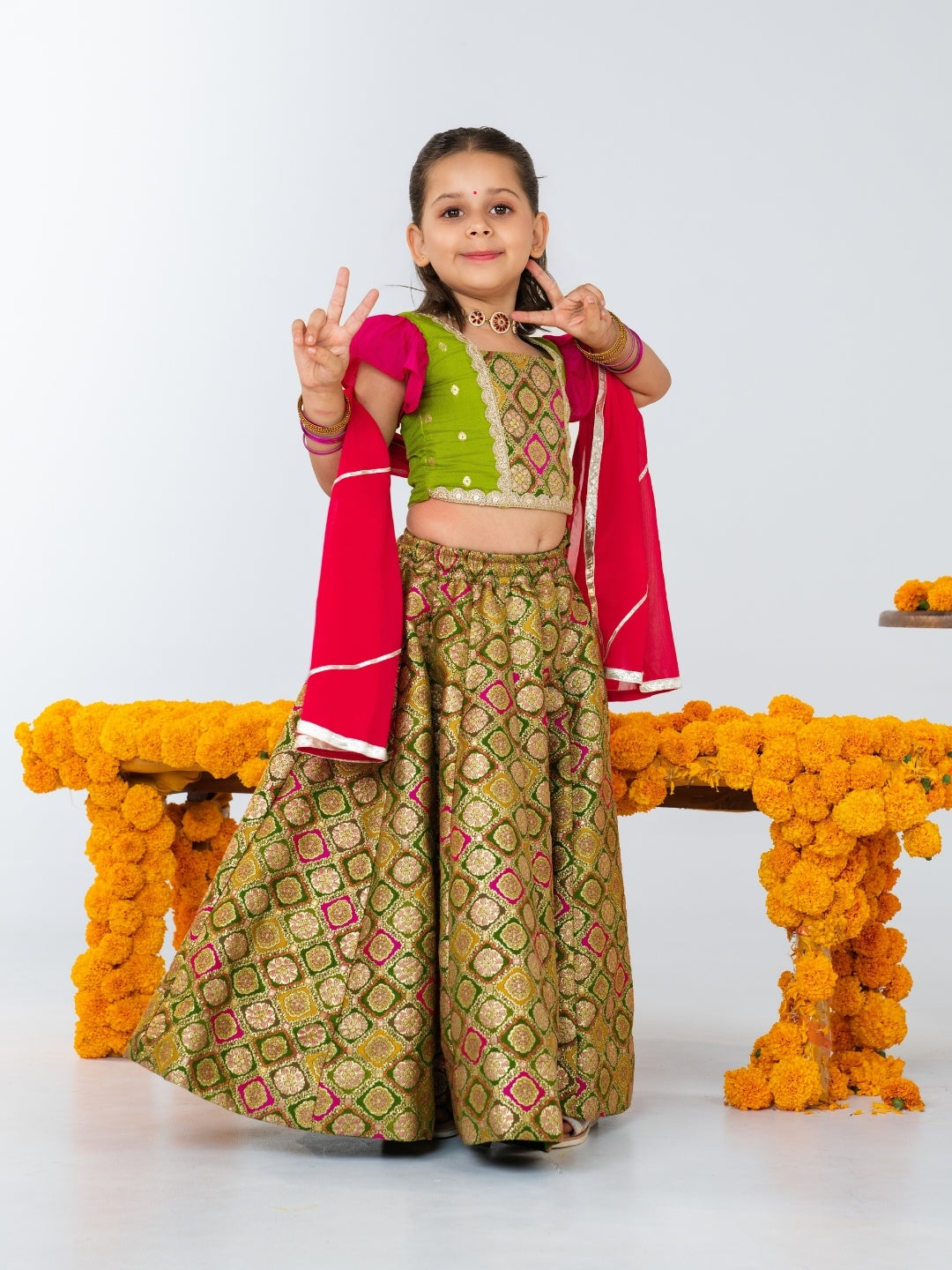 Girls Pink Blouse with Gold Brocade Lehenga Set (Set of 3)