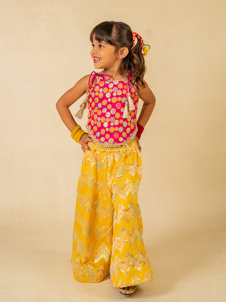 Girls Pink Brocade Top and Yellow Zig Zag embroidered Palazzo (Set of 2)