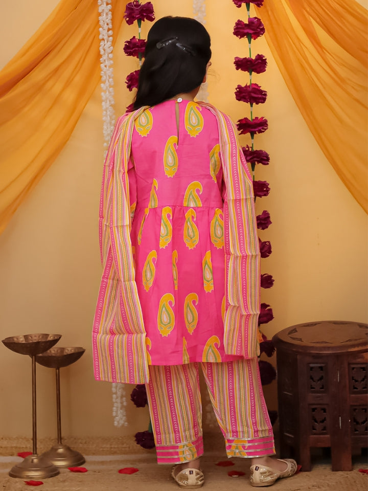Girls Pink Hand Embroidered Cotton Kurti with Pant and Dupatta (Set of 3)