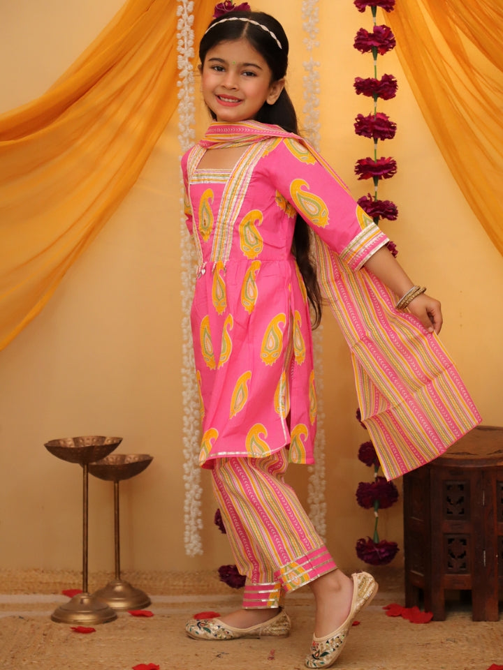 Girls Pink Hand Embroidered Cotton Kurti with Pant and Dupatta (Set of 3)