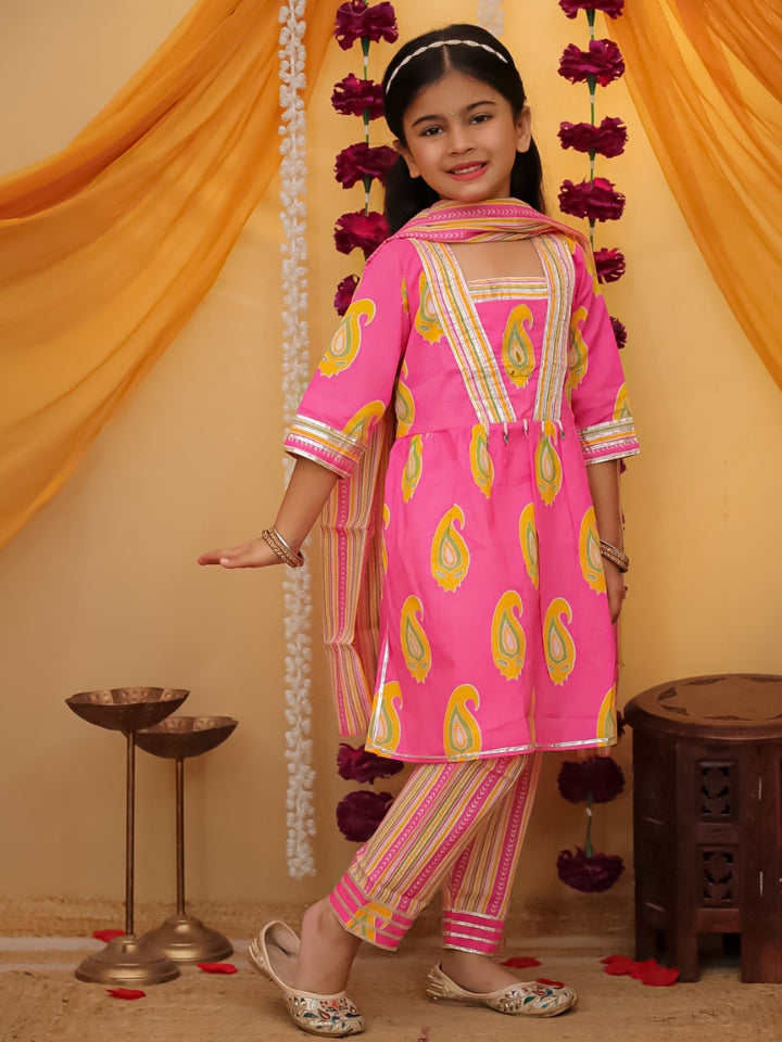 Girls Pink Hand Embroidered Cotton Kurti with Pant and Dupatta (Set of 3)
