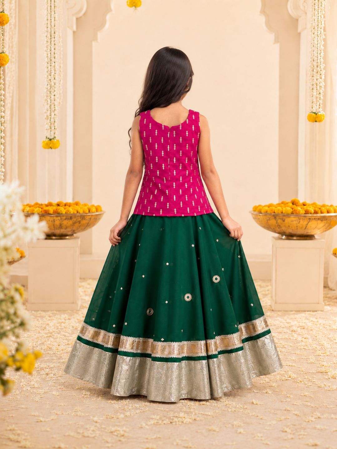 Girls Pink Kurti with Dark Green Lehenga Set (Set of 2)