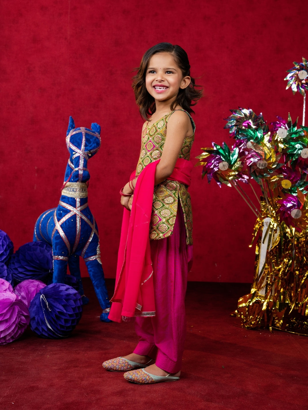 Girls Pink Salwar Suit Set with Dupatta (Set of 3)