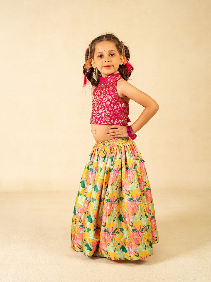 Girls Pink Sleeveless Top and Roman Printed Lehenga (Set of 2)