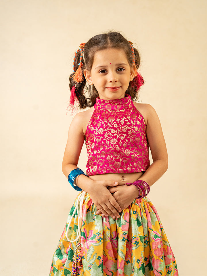 Girls Pink Sleeveless Top and Roman Printed Lehenga (Set of 2)