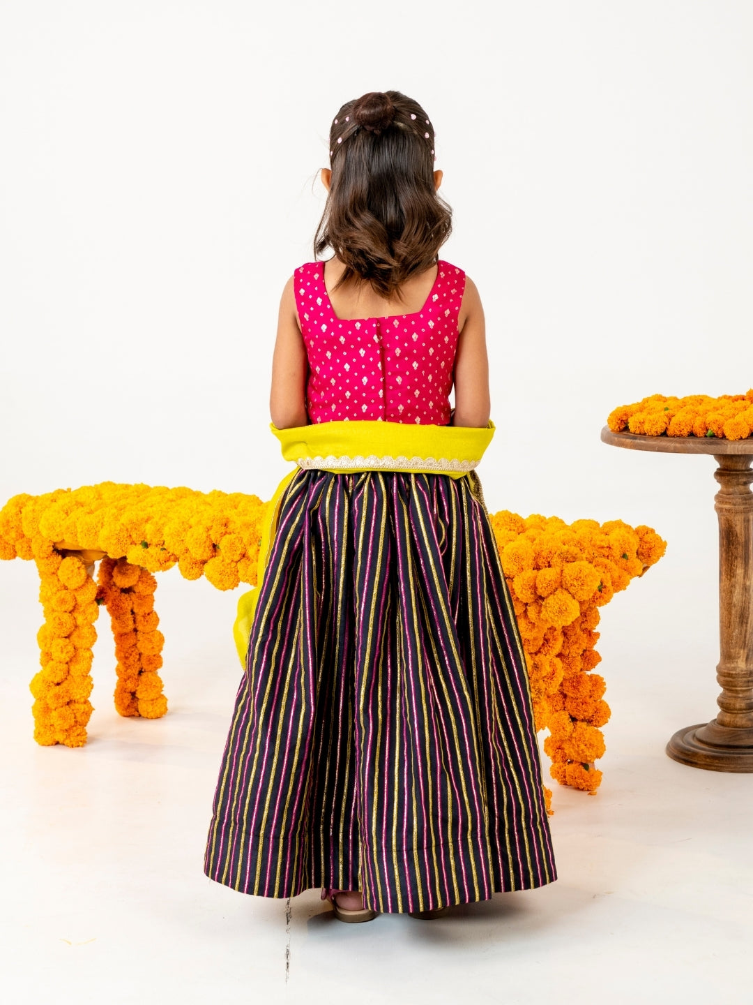 Girls Pink & Yellow Top with Black Striped Lehenga Set (Set of 2)