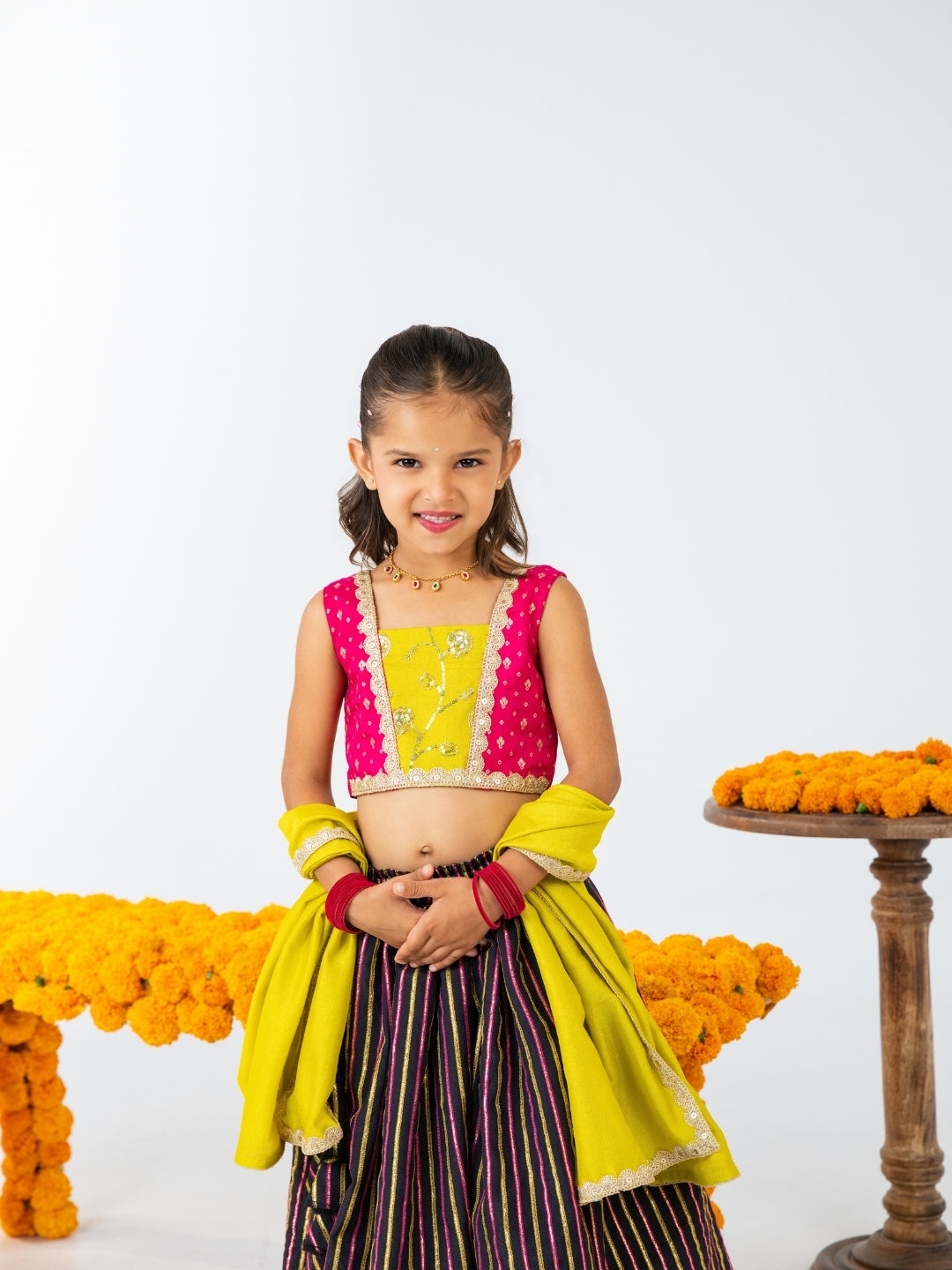 Girls Pink & Yellow Top with Black Striped Lehenga Set (Set of 2)