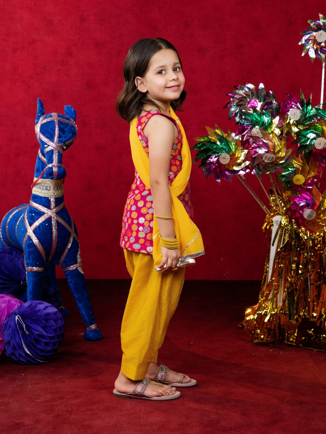 Girls Pink and Yellow Salwar Suit Set (Set of 3)