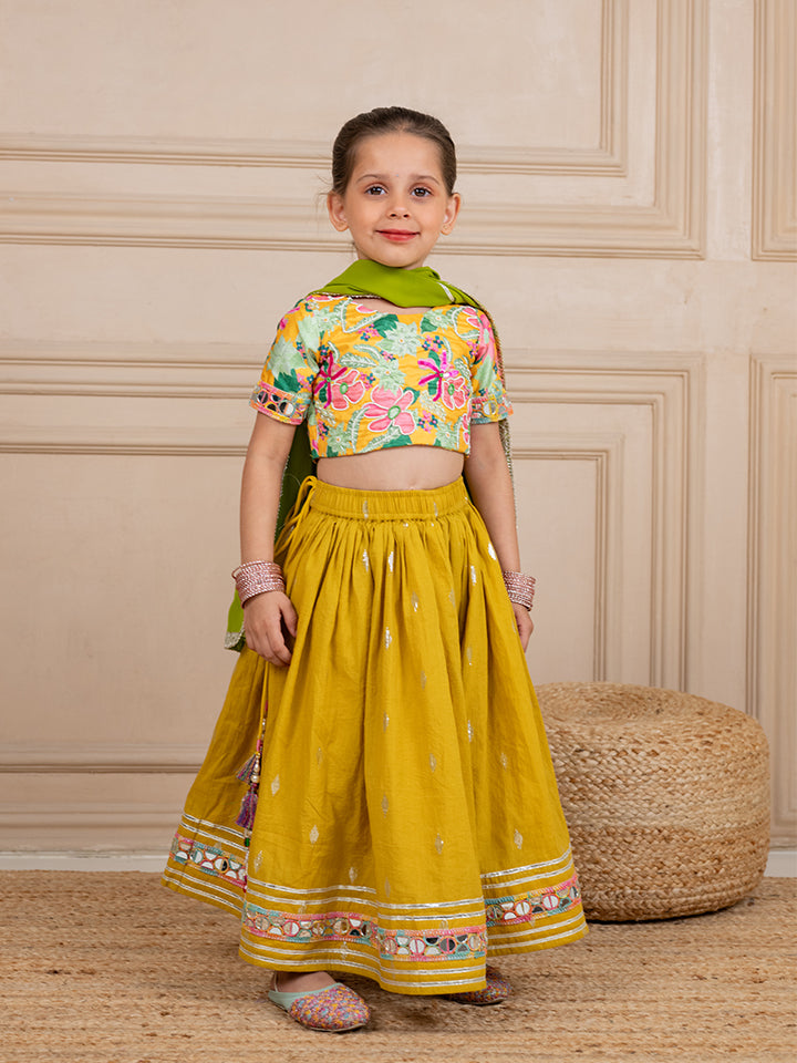 Girls Poly Digital Printed and Handworked Top and Cotton Lurex Yellow Lehenga with Dupatta (Set of 3)