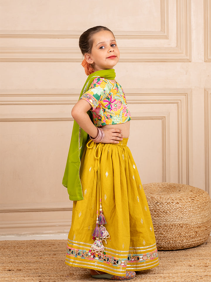 Girls Poly Digital Printed and Handworked Top and Cotton Lurex Yellow Lehenga with Dupatta (Set of 3)