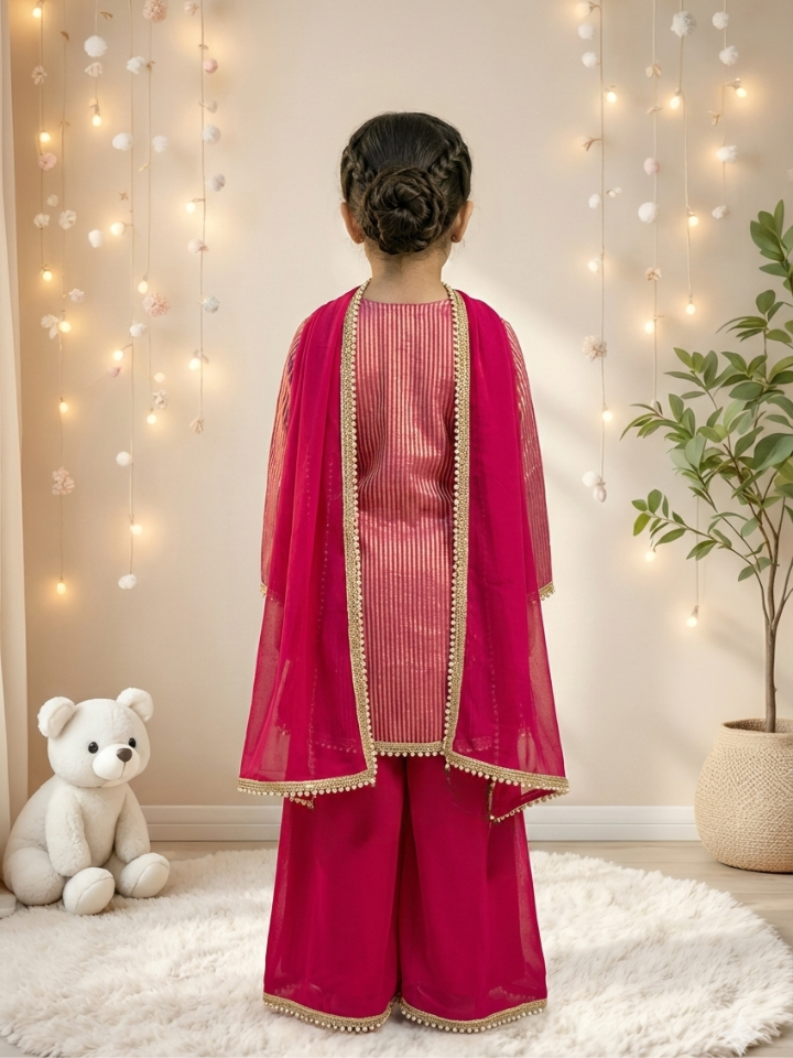 Girls Rani Pink Angarkha style Kurti with Palazzo and Dupatta (Set of 3)