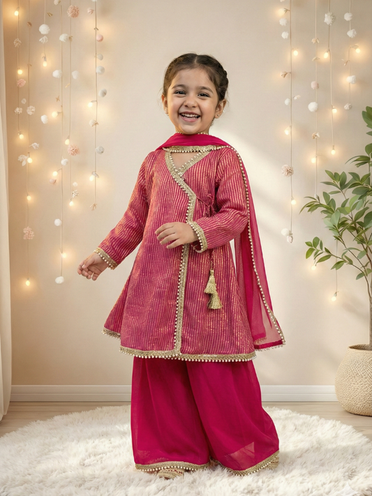 Girls Rani Pink Angarkha style Kurti with Palazzo and Dupatta (Set of 3)