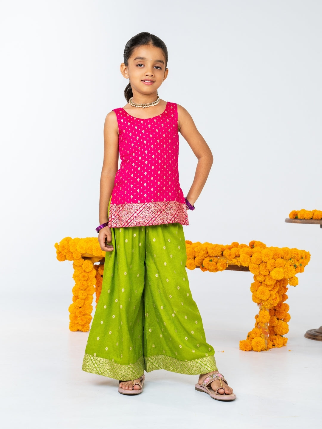 Girls Rani Pink Kurti with Green Palazzo Set (Set of 2)
