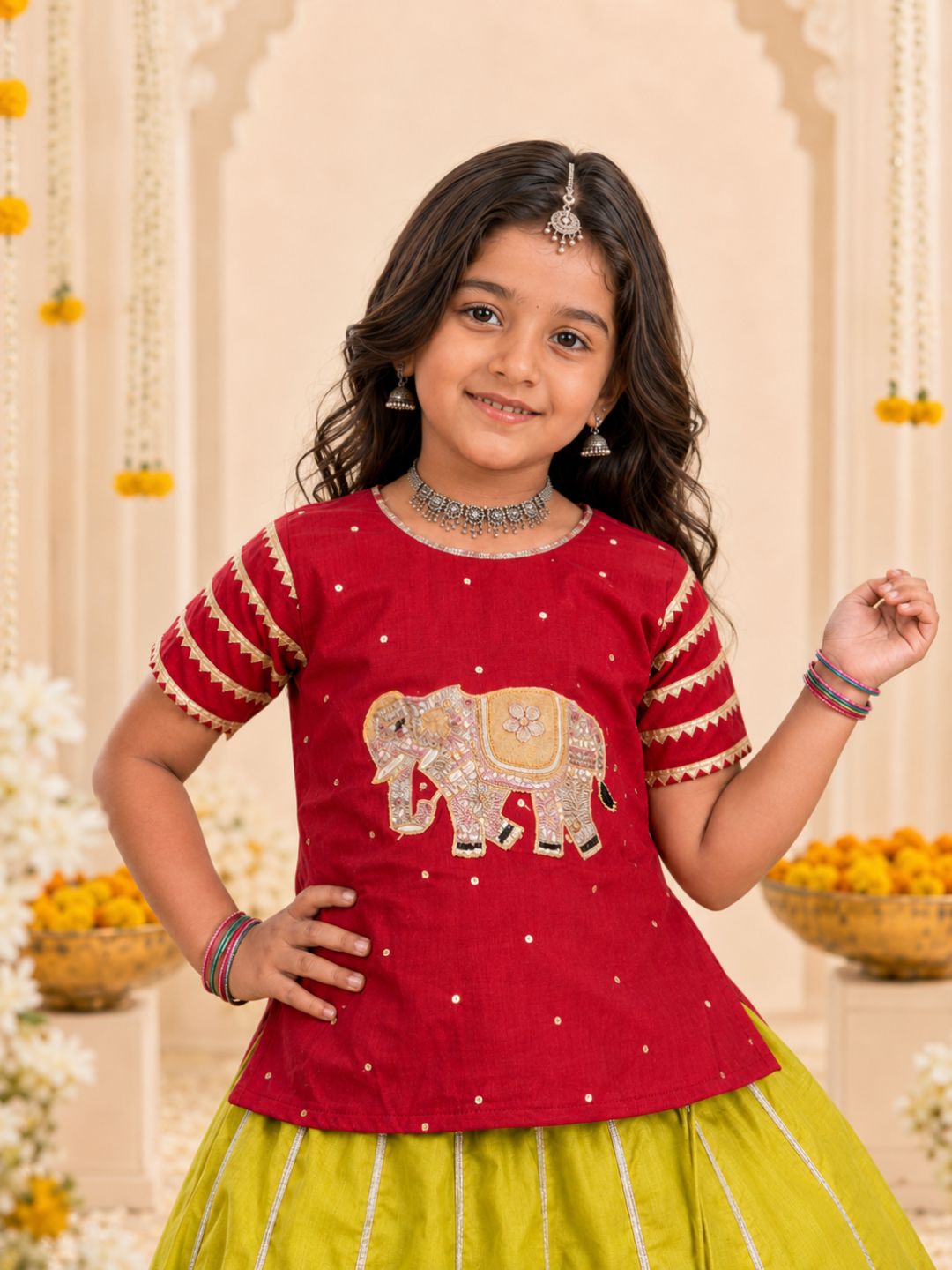 Girls Red Top & Green Lehenga Choli Set (Set of 2)