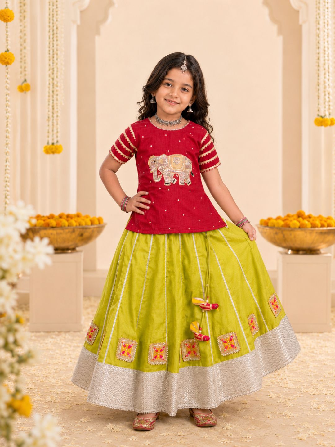 Girls Red Top & Green Lehenga Choli Set (Set of 2)