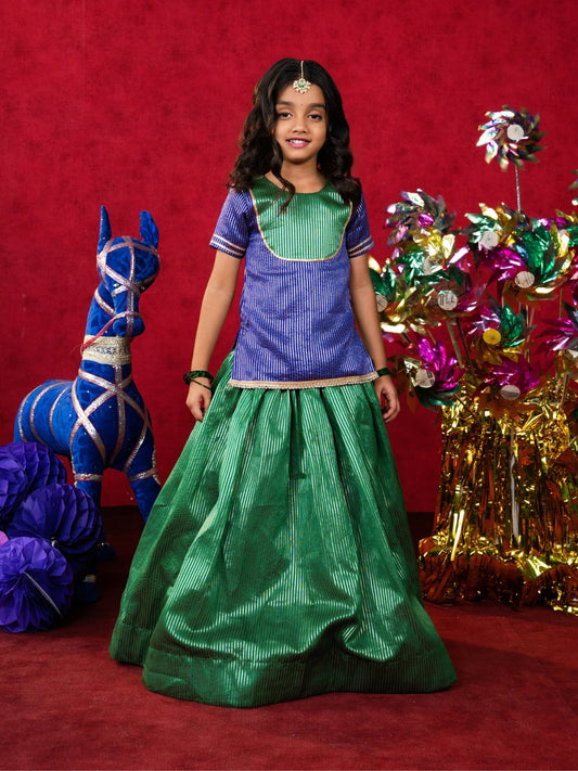 Girls Royal Blue Top with Green Lehenga Set (Set of 2)