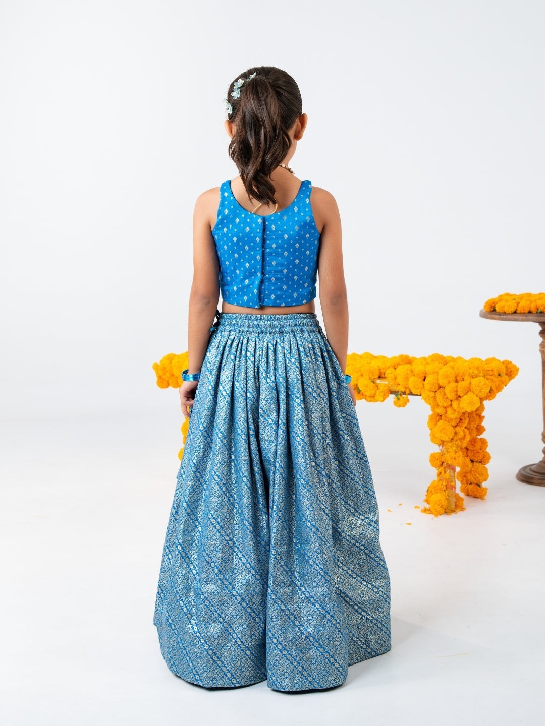 Girls Royal Blue Top with Zari Lehenga Set (Set of 2)
