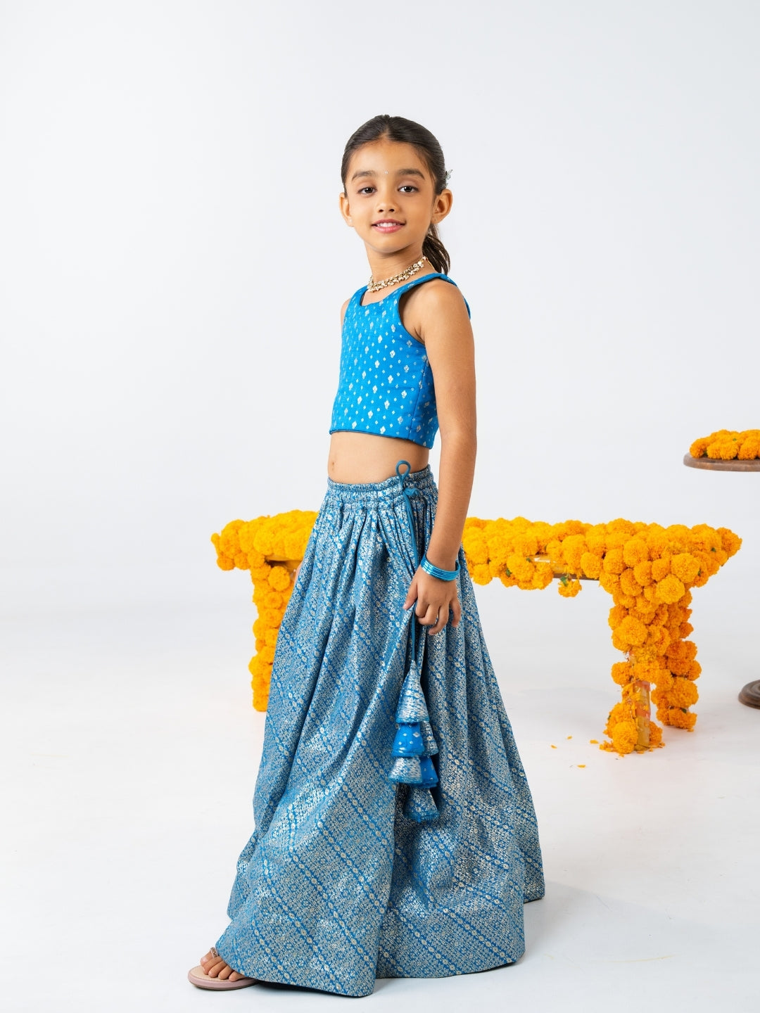 Girls Royal Blue Top with Zari Lehenga Set (Set of 2)