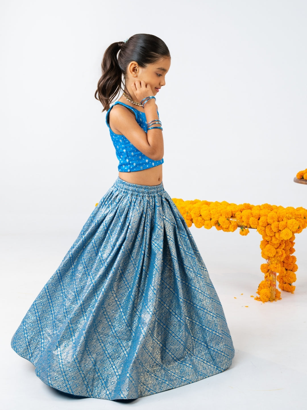 Girls Royal Blue Top with Zari Lehenga Set (Set of 2)