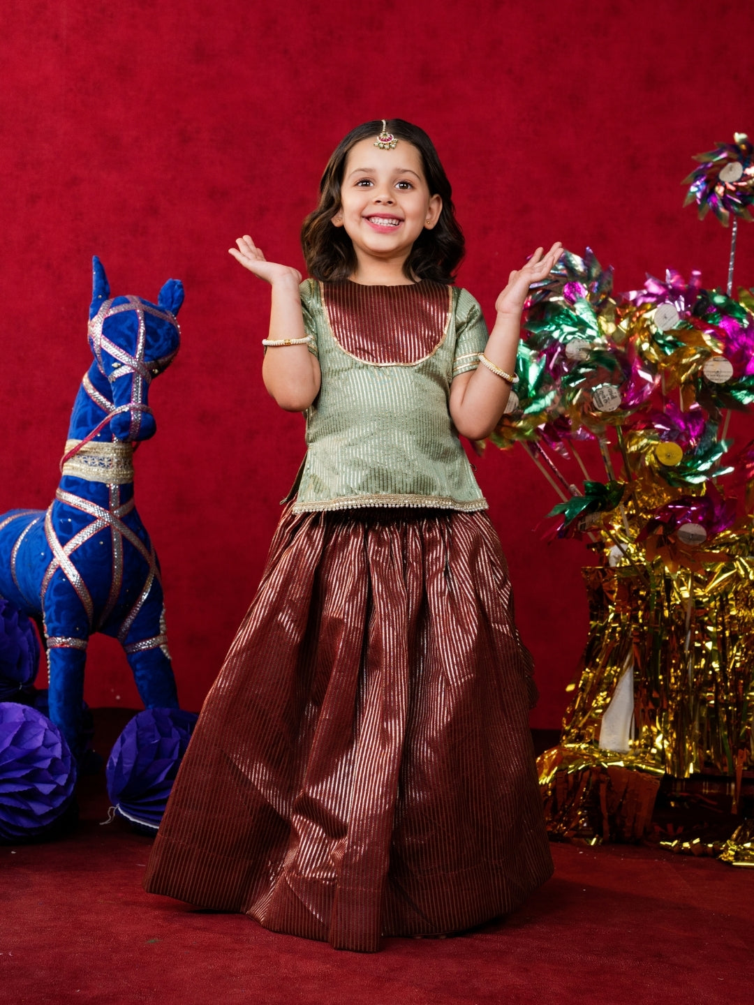 Girls Sage Green Top with Brown Lehenga Set (Set of 2)