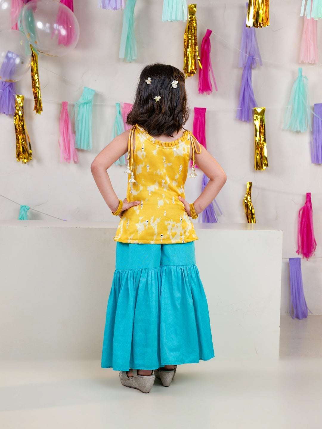 Girls Satin Shoulder Strap Kurti with Sharara Pant (Set of 2)