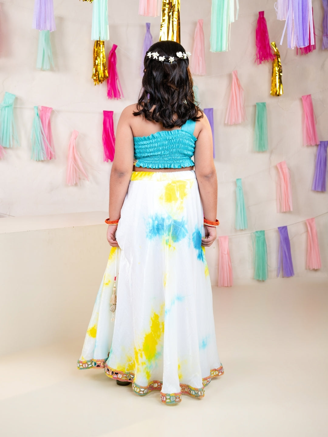 Girls Sky Blue One Shoulder Blouse with Tie-Dye Lehenga Set (Set of 2)