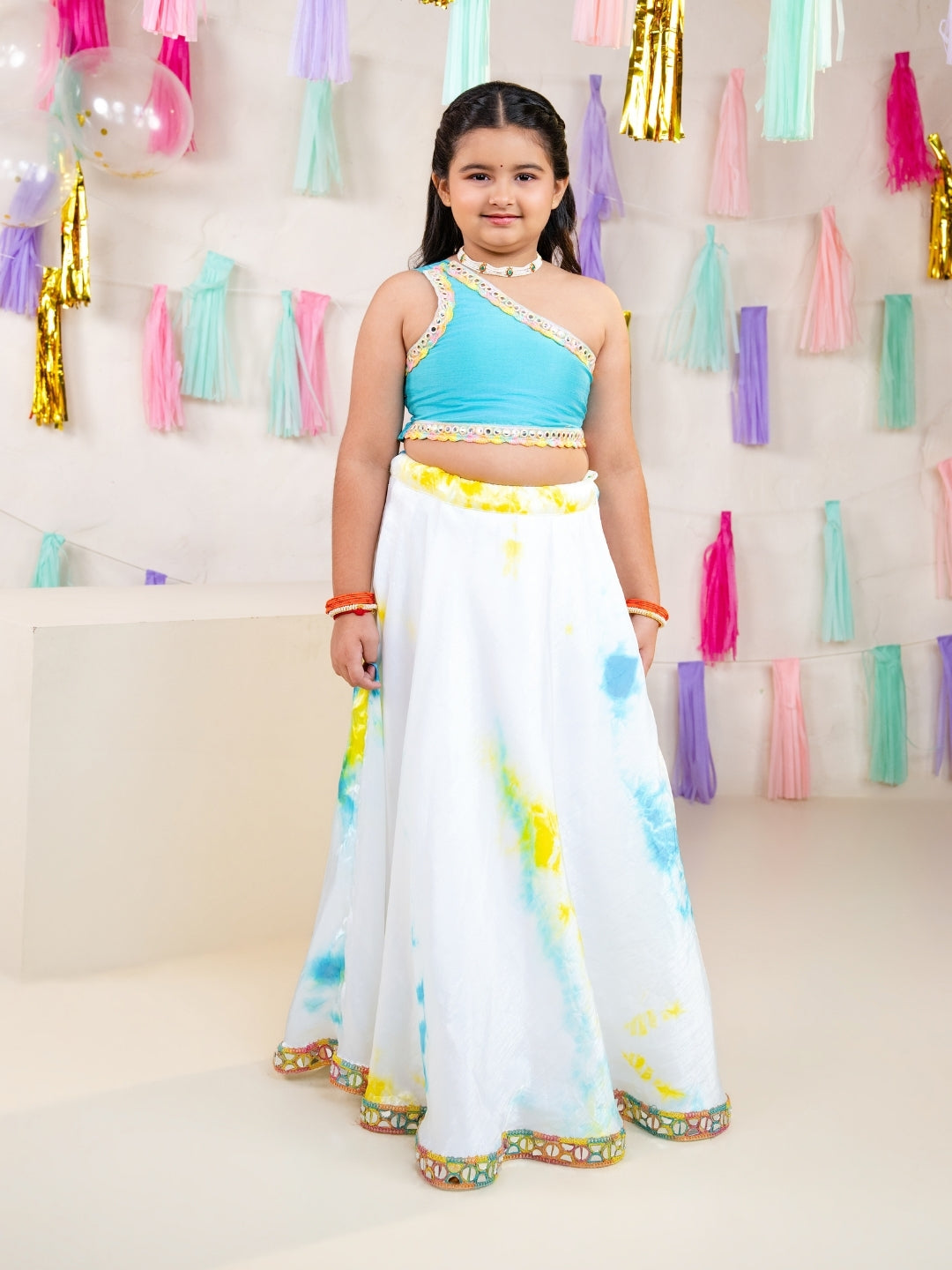 Girls Sky Blue One Shoulder Blouse with Tie-Dye Lehenga Set (Set of 2)