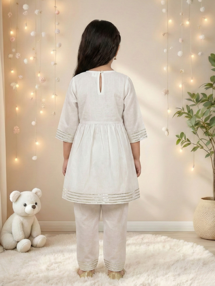 Girls White Embroidered Anarkali Kurti and Pant (Set of 2)