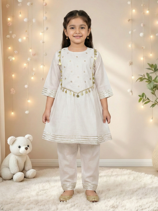 Girls White Embroidered Anarkali Kurti and Pant (Set of 2)