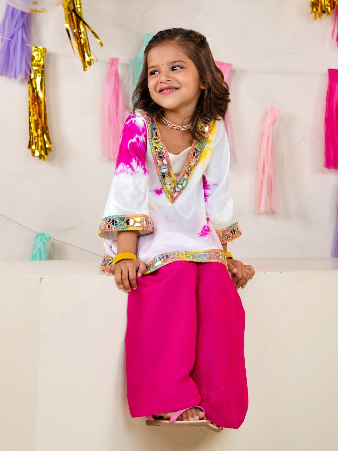 Girls White Tie-Dye Kurti with Blouse and Pink Palazzo Set (Set of 3)