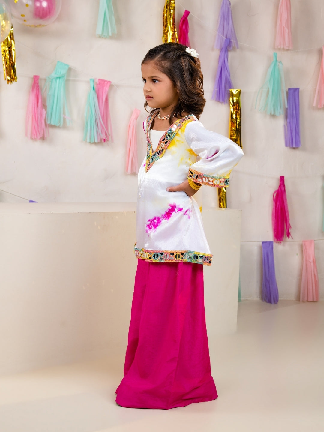 Girls White Tie-Dye Kurti with Blouse and Pink Palazzo Set (Set of 3)