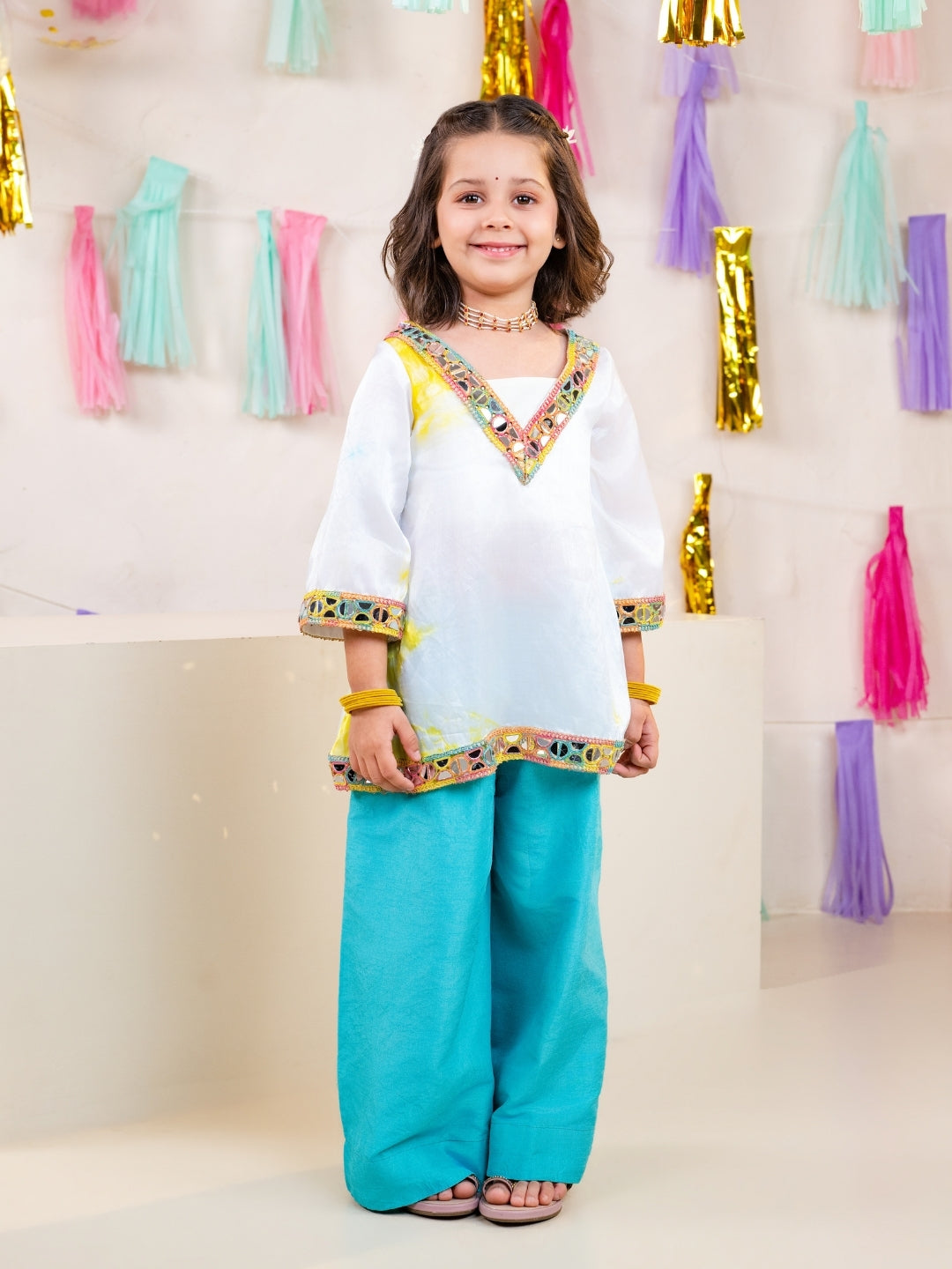 Girls White Tie-Dye Kurti with Blouse and Sky Blue Palazzo Set (Set of 3)