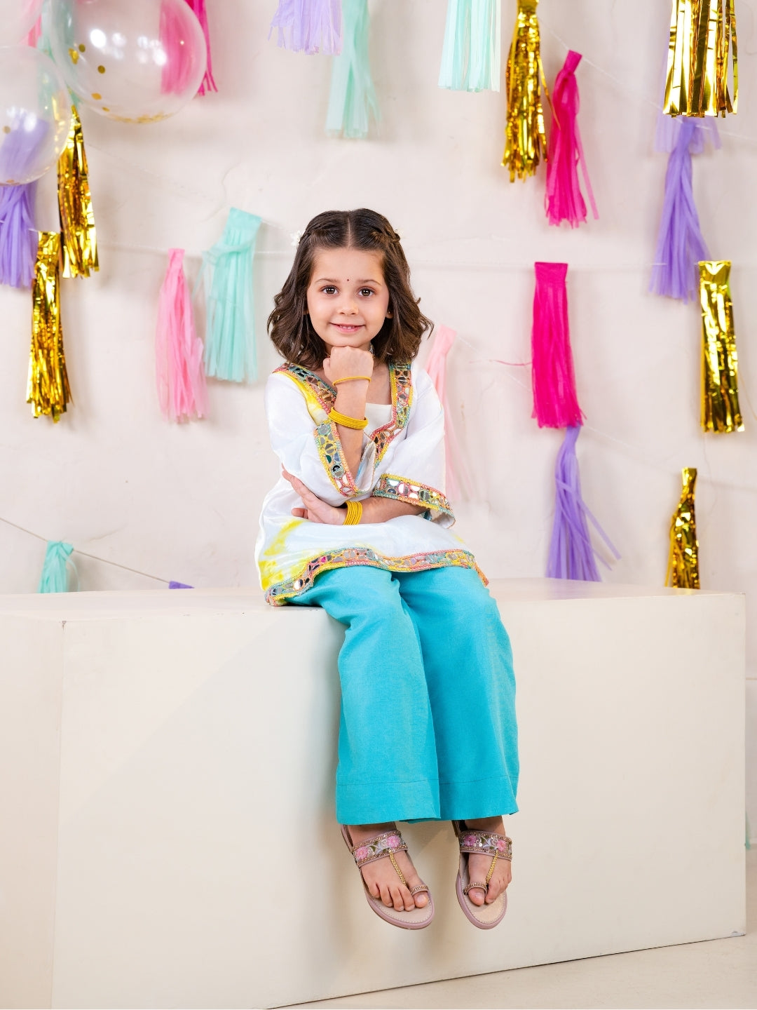Girls White Tie-Dye Kurti with Blouse and Sky Blue Palazzo Set (Set of 3)