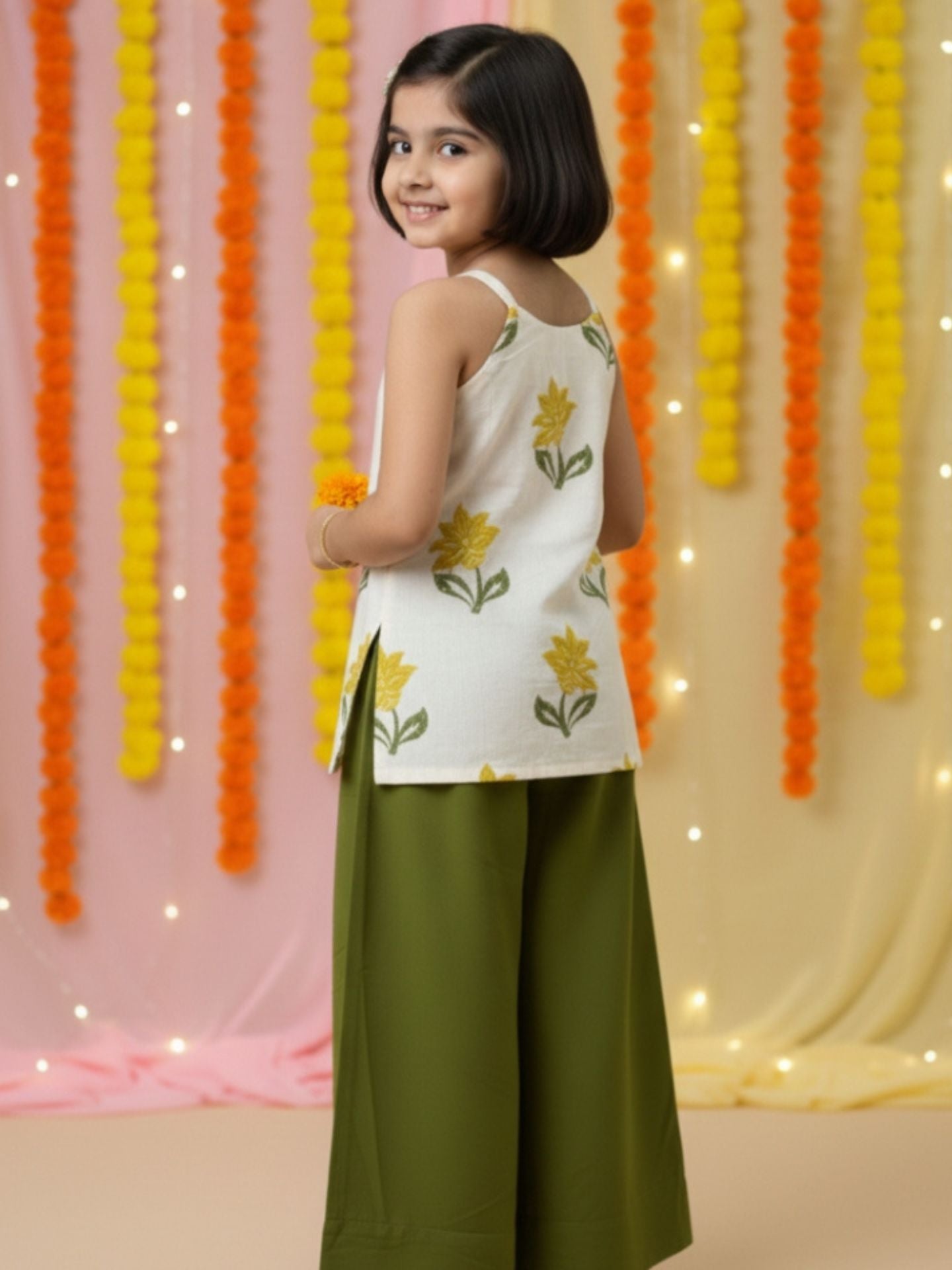 Girls White Top and Green Palazzo (Set of 2)